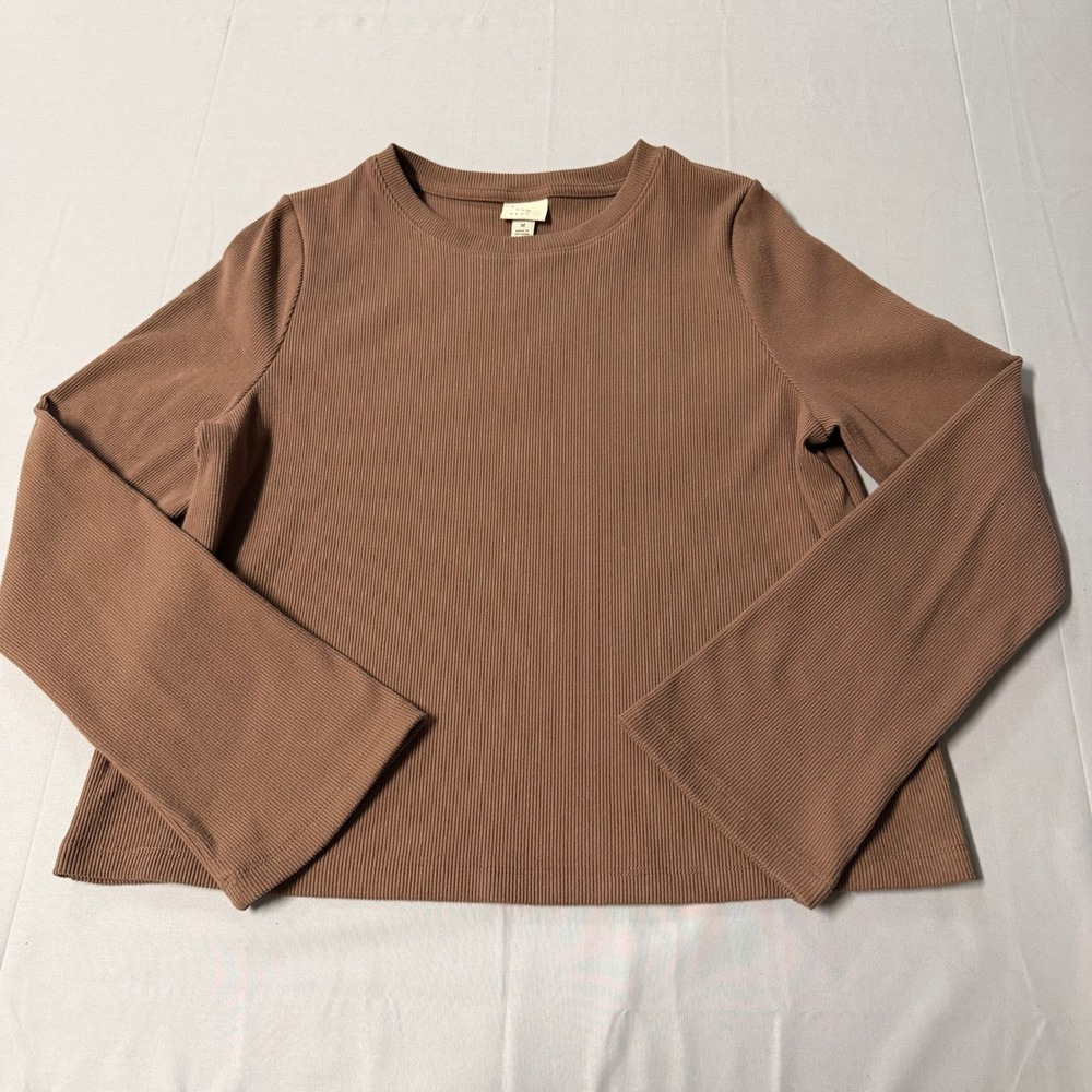 A New Day Brown Ribbed Long Sleeve Crew Neck Top Womens Medium VN1068795